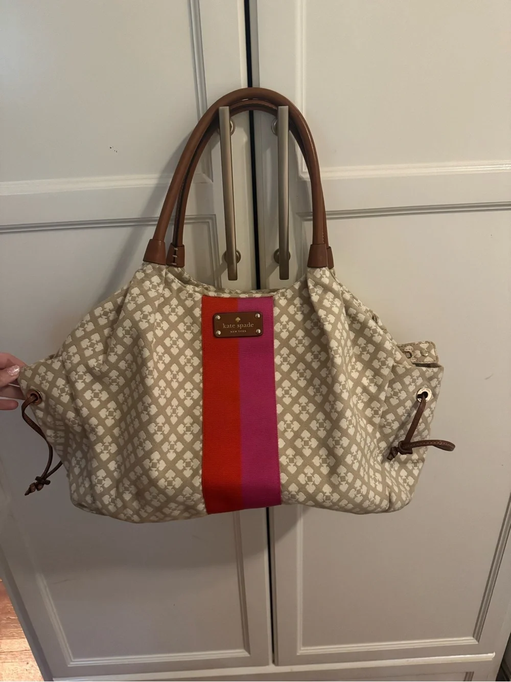 kate spade Beige Canvas Tote/Diaper Bag with Pink and Red Center Stripe